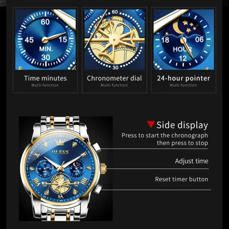 OLEVS Skeleton Watch Men – Quartz, Stainless Steel, Luxury