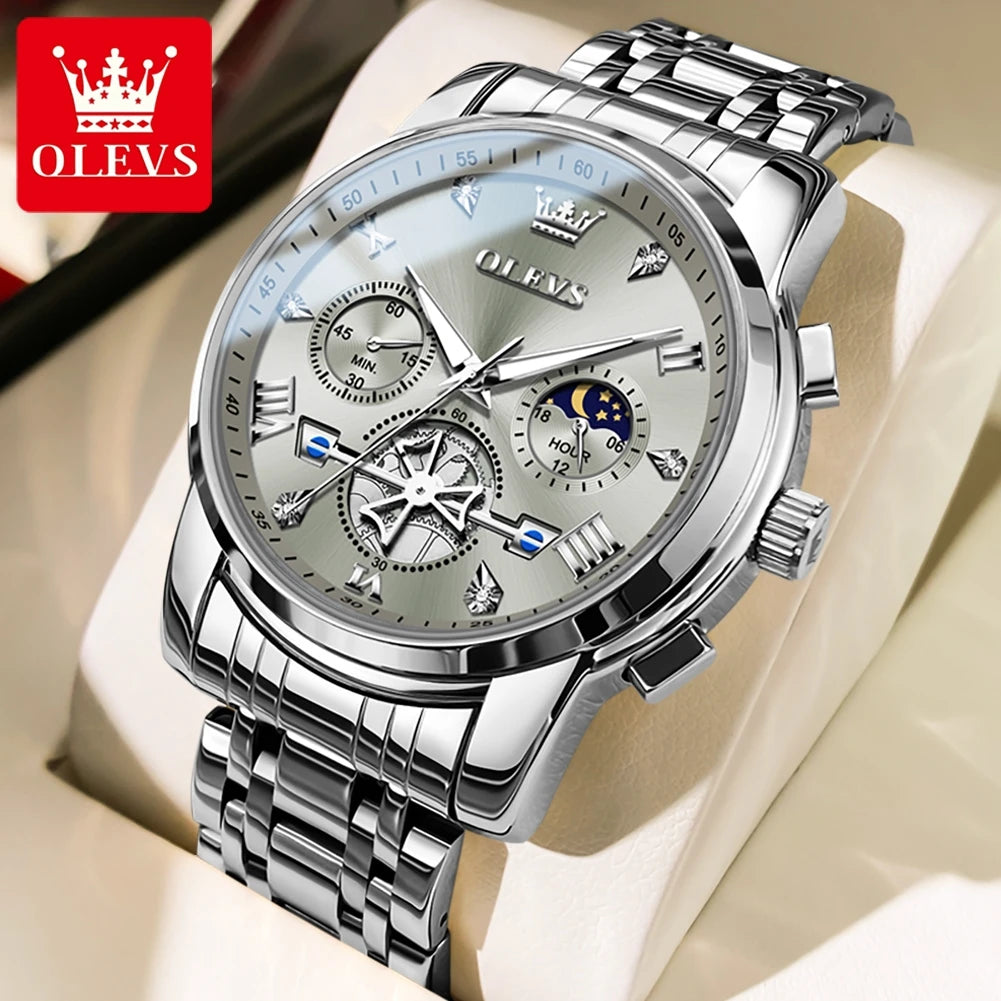 OLEVS Skeleton Watch Men – Quartz, Stainless Steel, Luxury