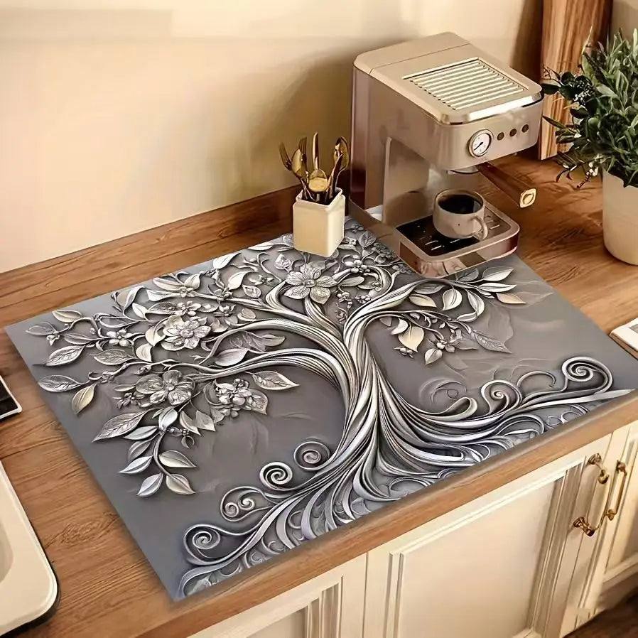 2D Flat Stove Cover Mat - Classic Tree Design with Intricate Branches & Leaves, Durable Rubber Table Protector for Kitchen Decor