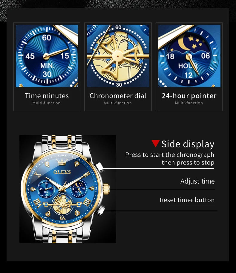 OLEVS Skeleton Watch Men – Quartz, Stainless Steel, Luxury