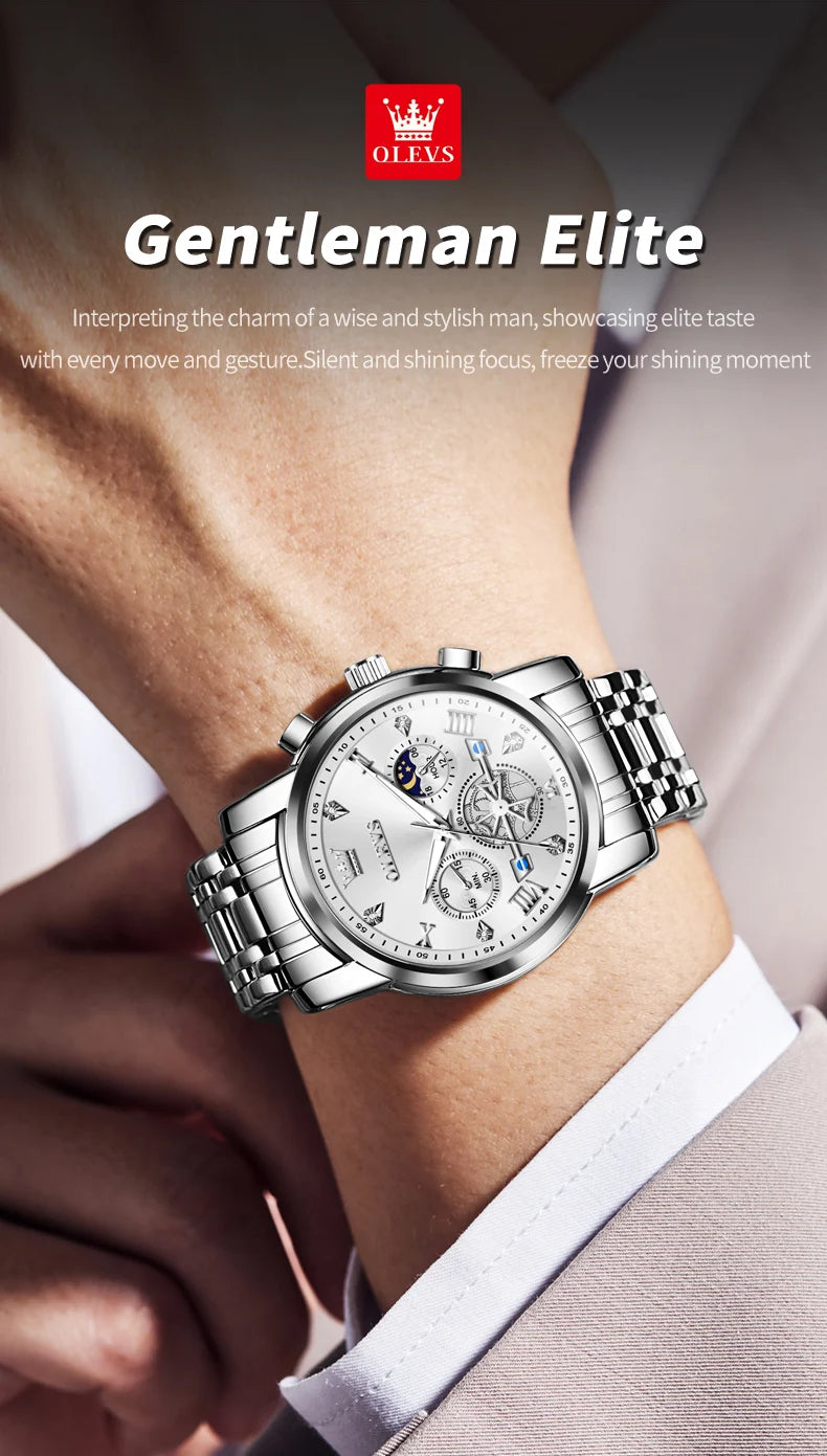 OLEVS Skeleton Watch Men – Quartz, Stainless Steel, Luxury