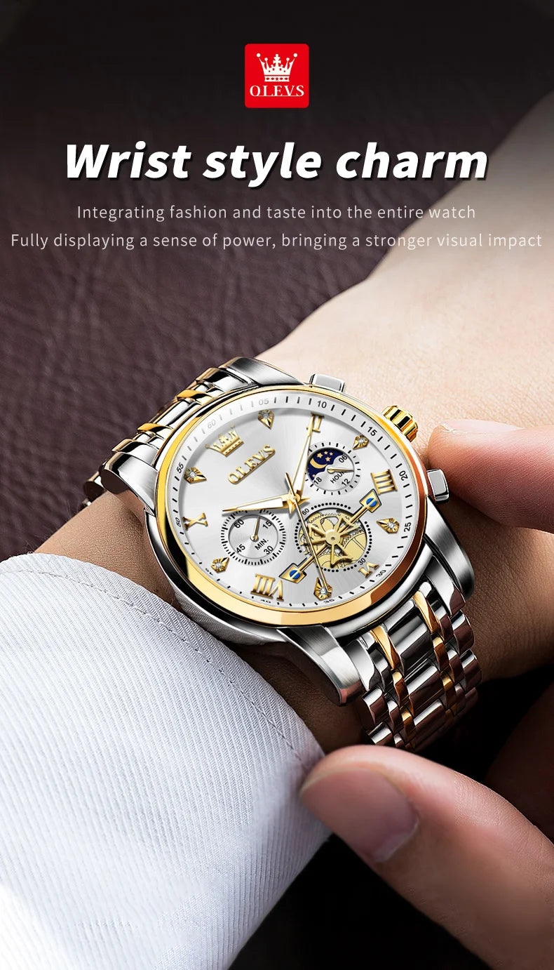 OLEVS Skeleton Watch Men – Quartz, Stainless Steel, Luxury