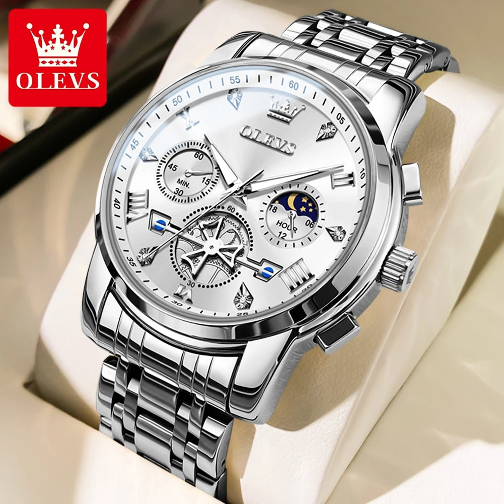 OLEVS Skeleton Watch Men – Quartz, Stainless Steel, Luxury