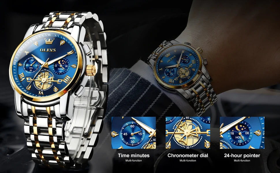 OLEVS Skeleton Watch Men – Quartz, Stainless Steel, Luxury