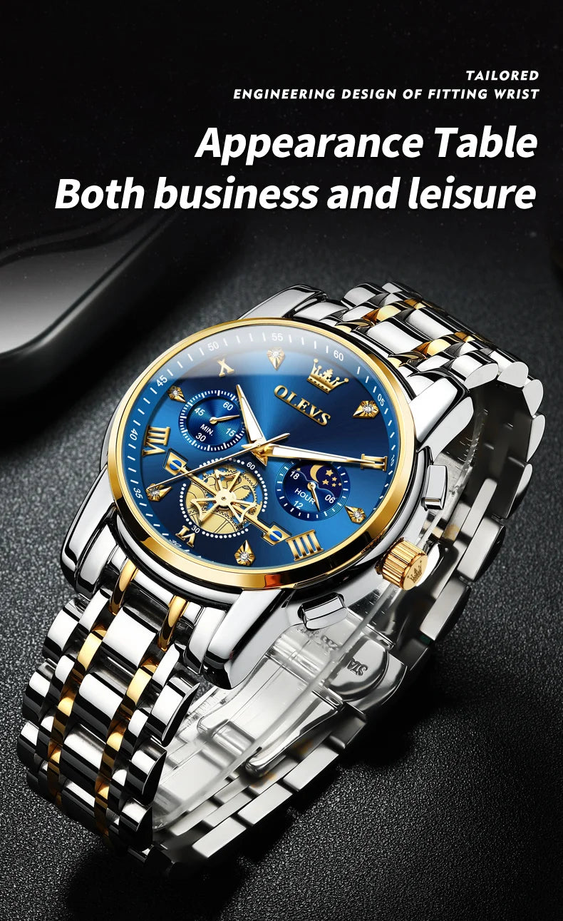 OLEVS Skeleton Watch Men – Quartz, Stainless Steel, Luxury