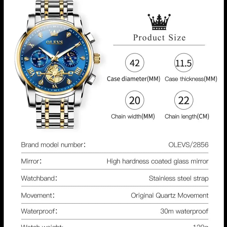 OLEVS Skeleton Watch Men – Quartz, Stainless Steel, Luxury