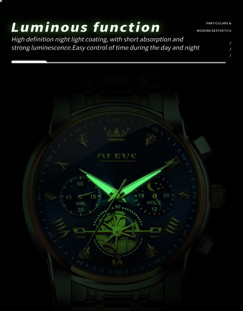 OLEVS Skeleton Watch Men – Quartz, Stainless Steel, Luxury