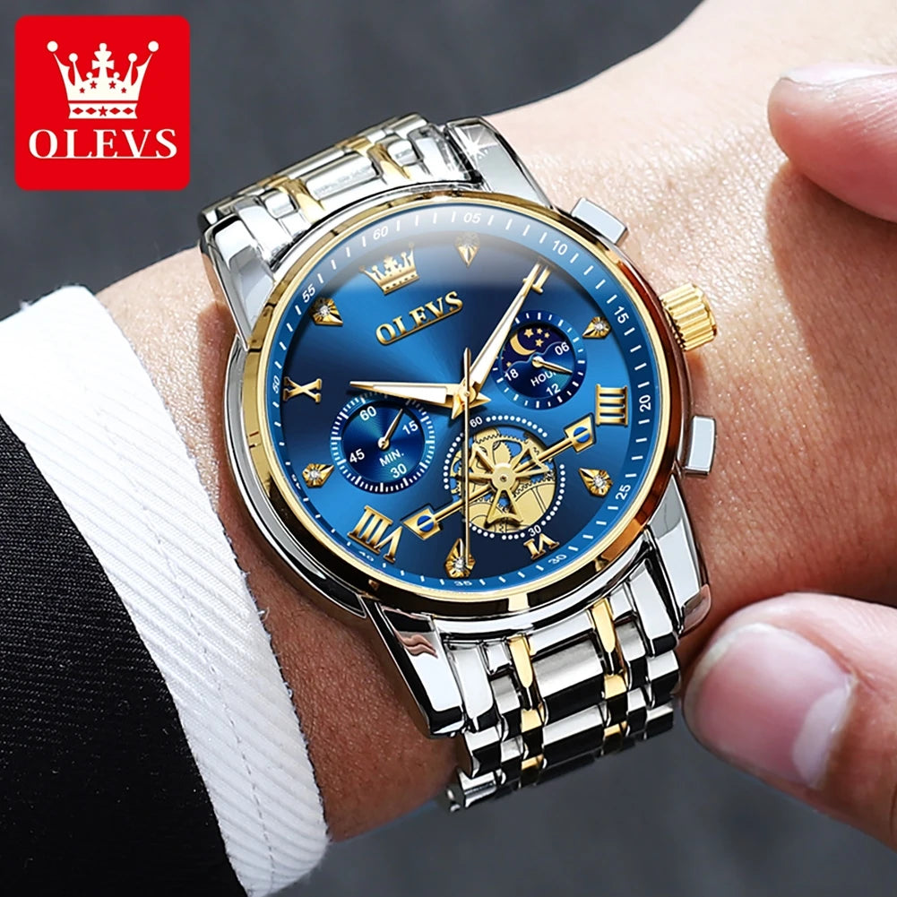 OLEVS Skeleton Watch Men – Quartz, Stainless Steel, Luxury