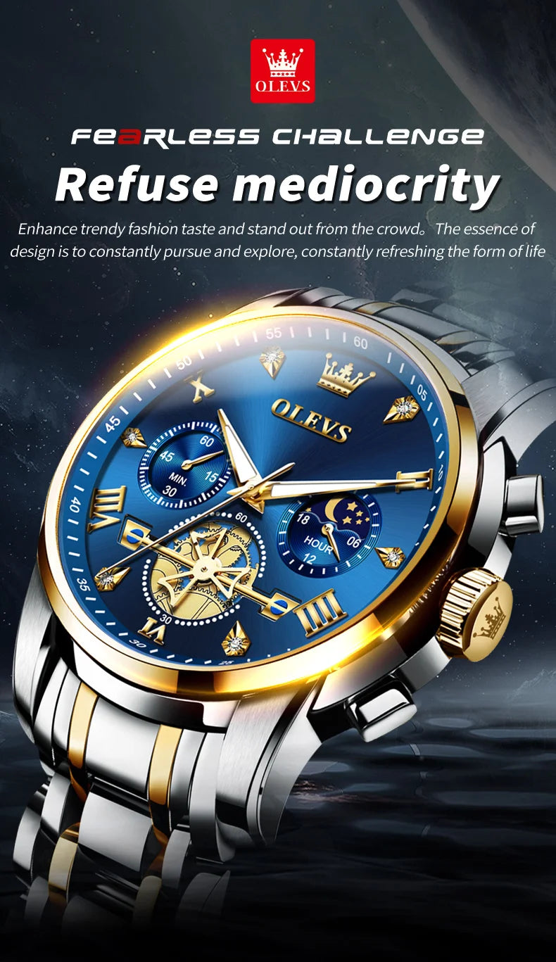 OLEVS Skeleton Watch Men – Quartz, Stainless Steel, Luxury