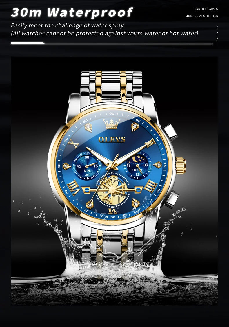 OLEVS Skeleton Watch Men – Quartz, Stainless Steel, Luxury