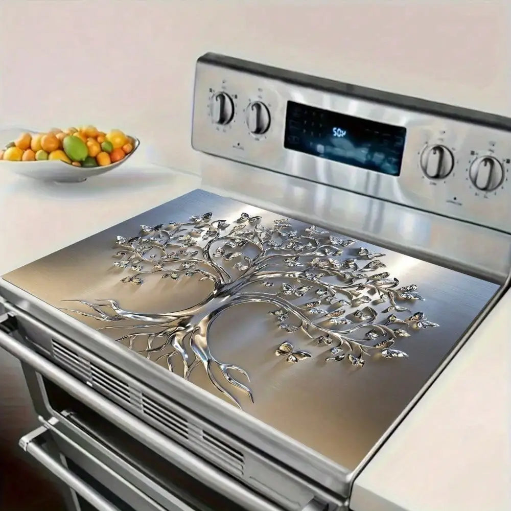 2D Flat Stove Cover Mat - Classic Tree Design with Intricate Branches & Leaves, Durable Rubber Table Protector for Kitchen Decor