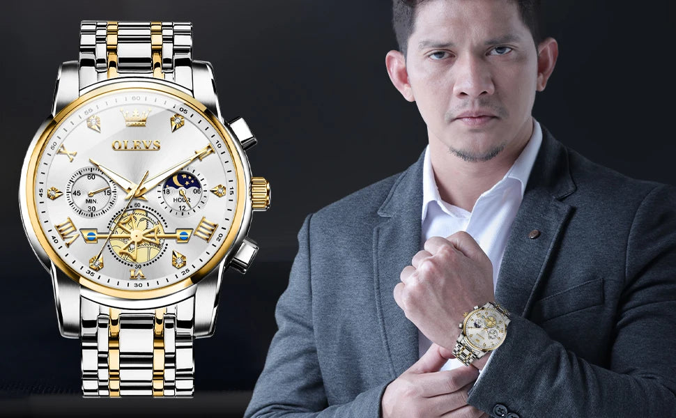 OLEVS Skeleton Watch Men – Quartz, Stainless Steel, Luxury
