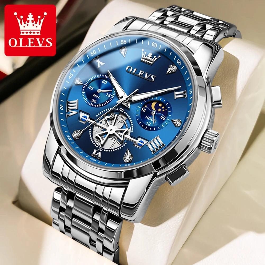 OLEVS Skeleton Watch Men – Quartz, Stainless Steel, Luxury