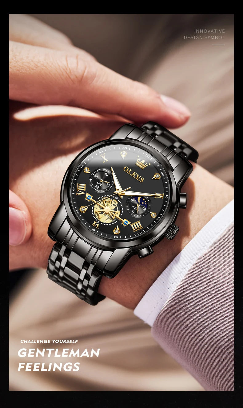 OLEVS Skeleton Watch Men – Quartz, Stainless Steel, Luxury