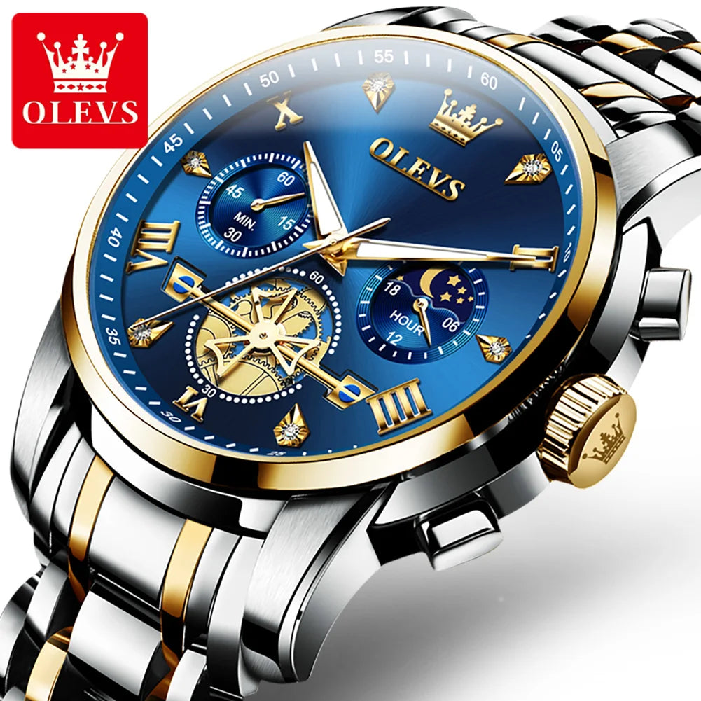 OLEVS Skeleton Watch Men – Quartz, Stainless Steel, Luxury