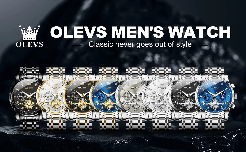 OLEVS Skeleton Watch Men – Quartz, Stainless Steel, Luxury