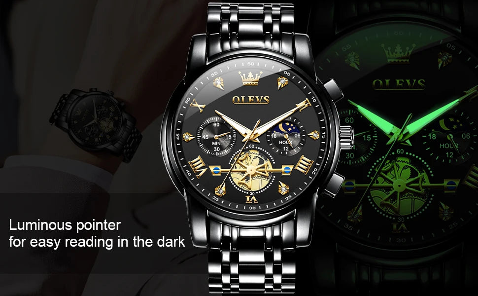 OLEVS Skeleton Watch Men – Quartz, Stainless Steel, Luxury