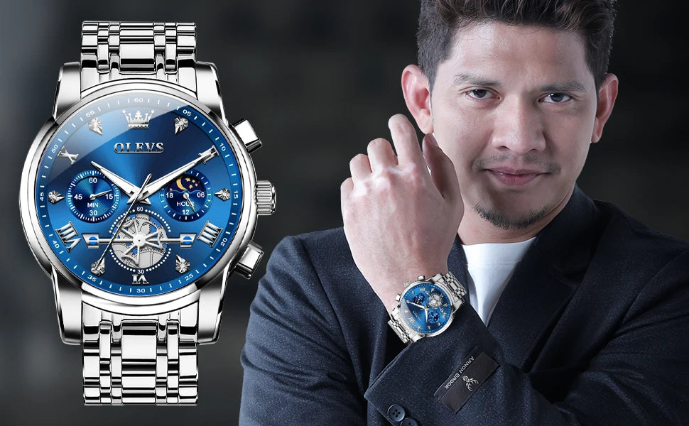 OLEVS Skeleton Watch Men – Quartz, Stainless Steel, Luxury