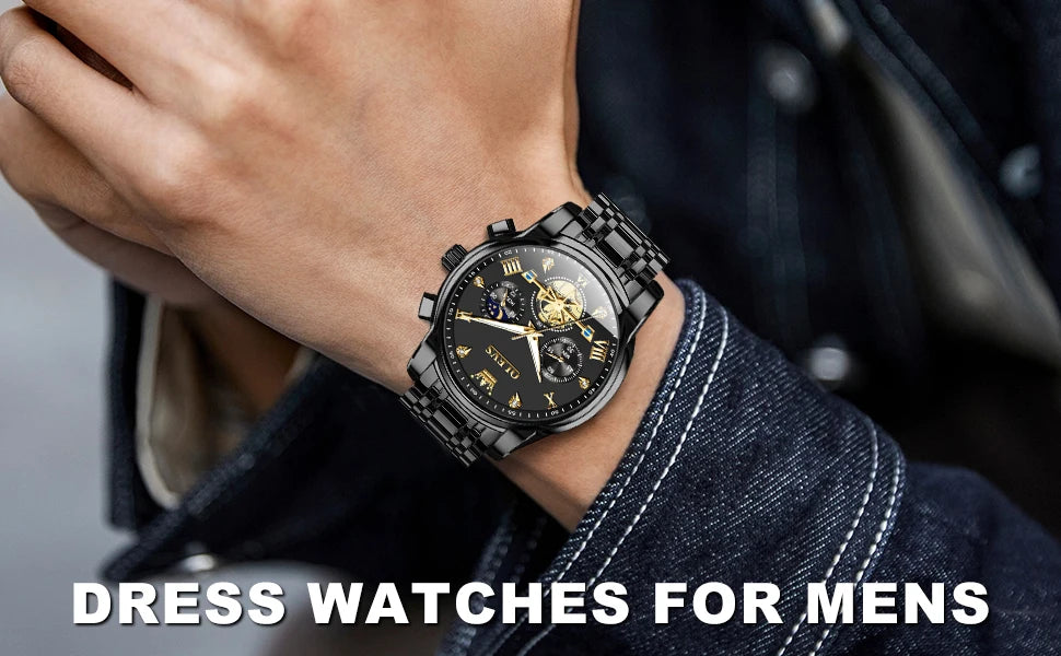 OLEVS Skeleton Watch Men – Quartz, Stainless Steel, Luxury