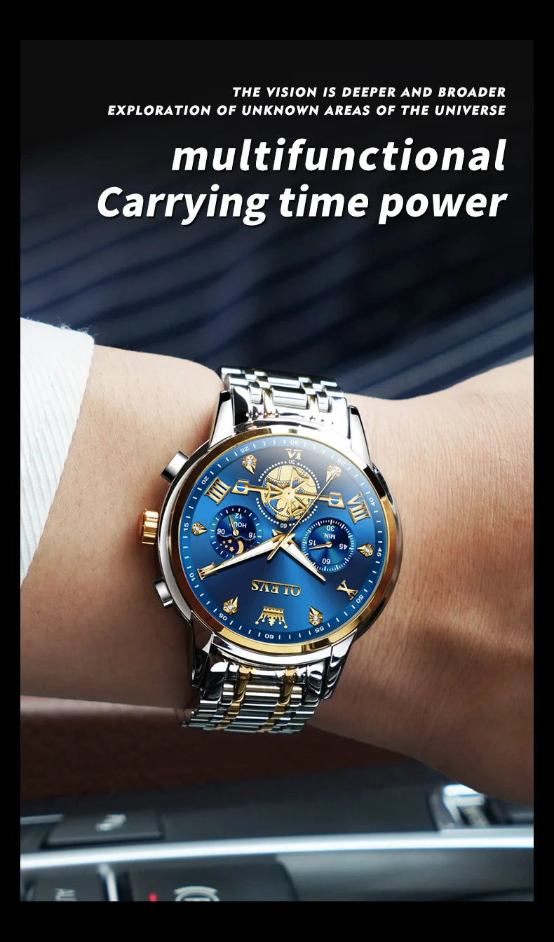 OLEVS Skeleton Watch Men – Quartz, Stainless Steel, Luxury