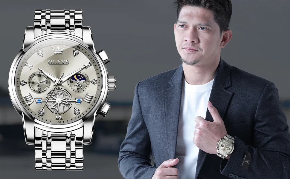 OLEVS Skeleton Watch Men – Quartz, Stainless Steel, Luxury