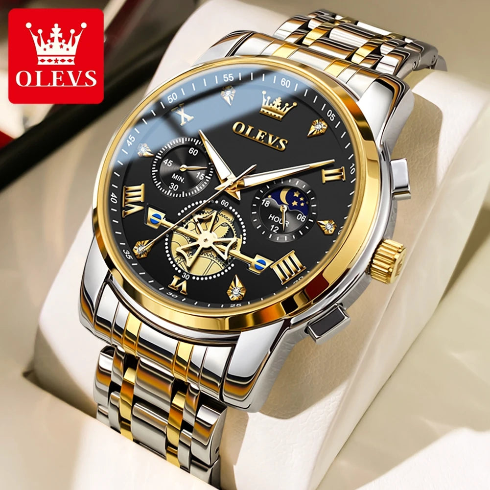 OLEVS Skeleton Watch Men – Quartz, Stainless Steel, Luxury