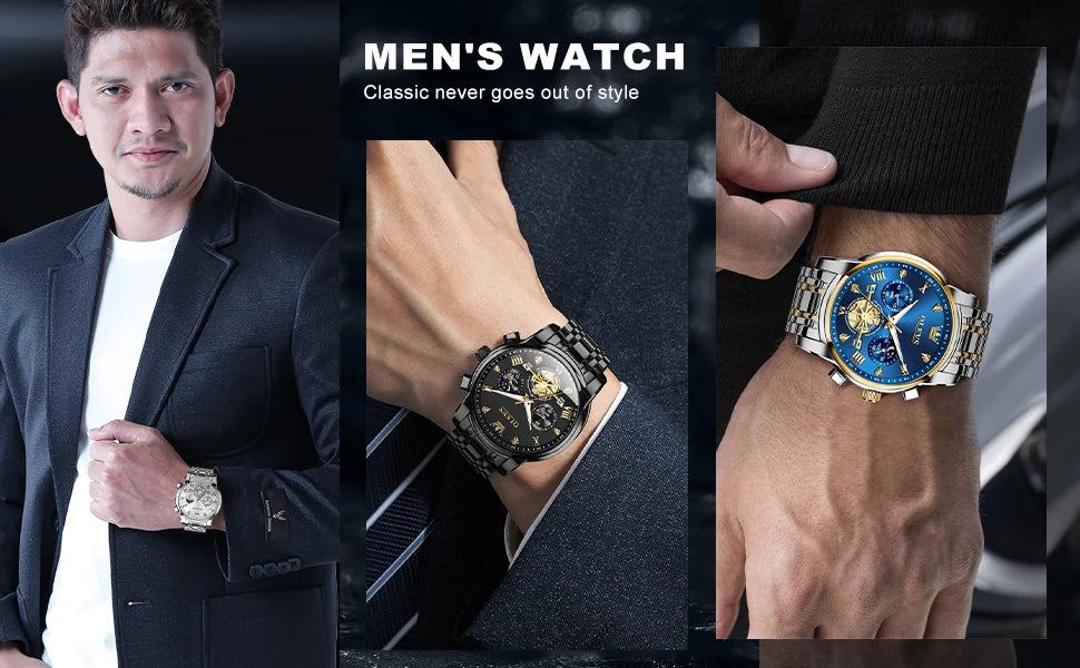 OLEVS Skeleton Watch Men – Quartz, Stainless Steel, Luxury