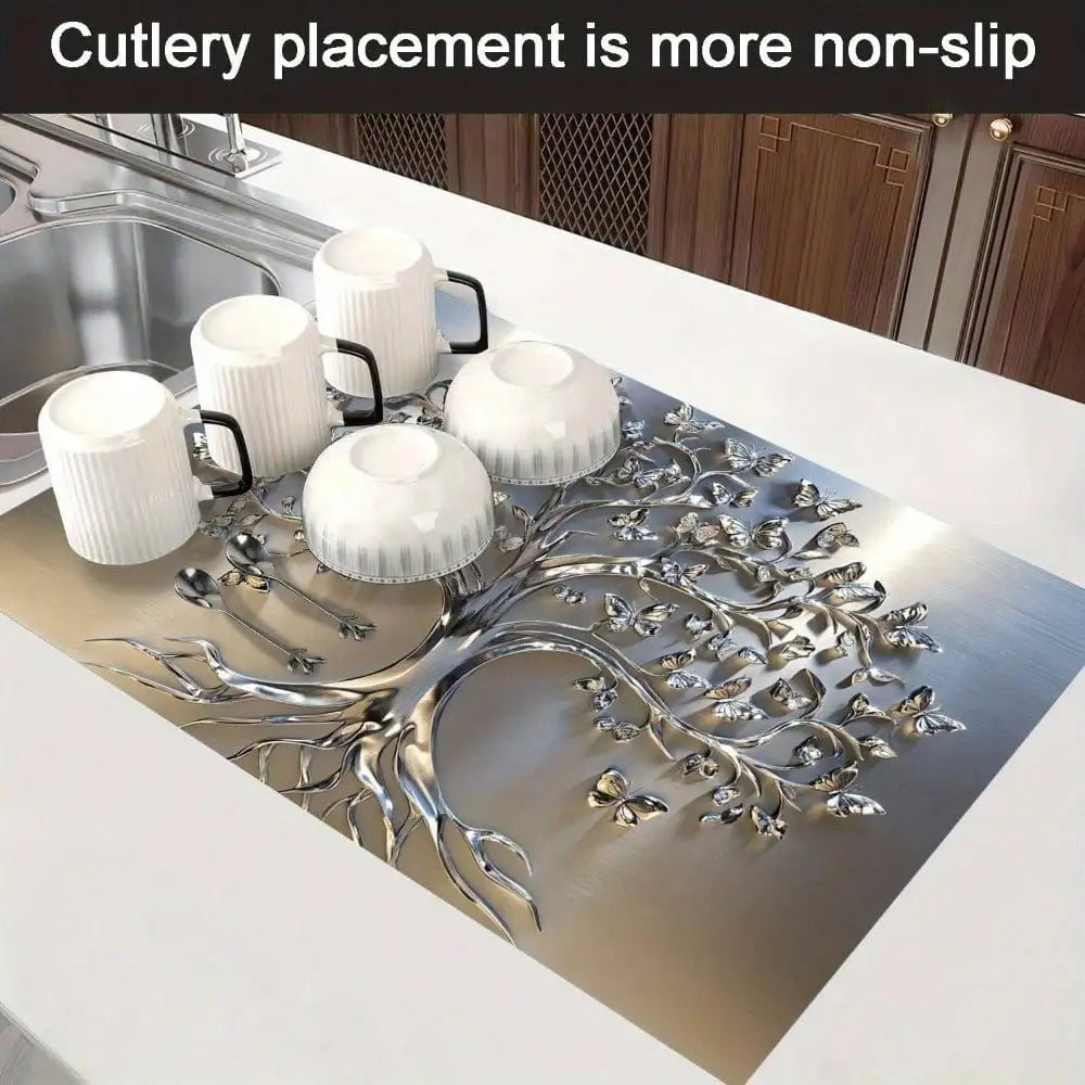 2D Flat Stove Cover Mat - Classic Tree Design with Intricate Branches & Leaves, Durable Rubber Table Protector for Kitchen Decor