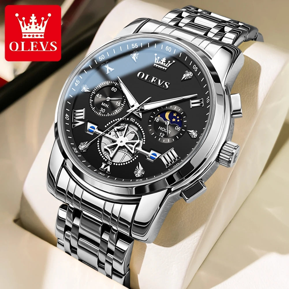 OLEVS Skeleton Watch Men – Quartz, Stainless Steel, Luxury
