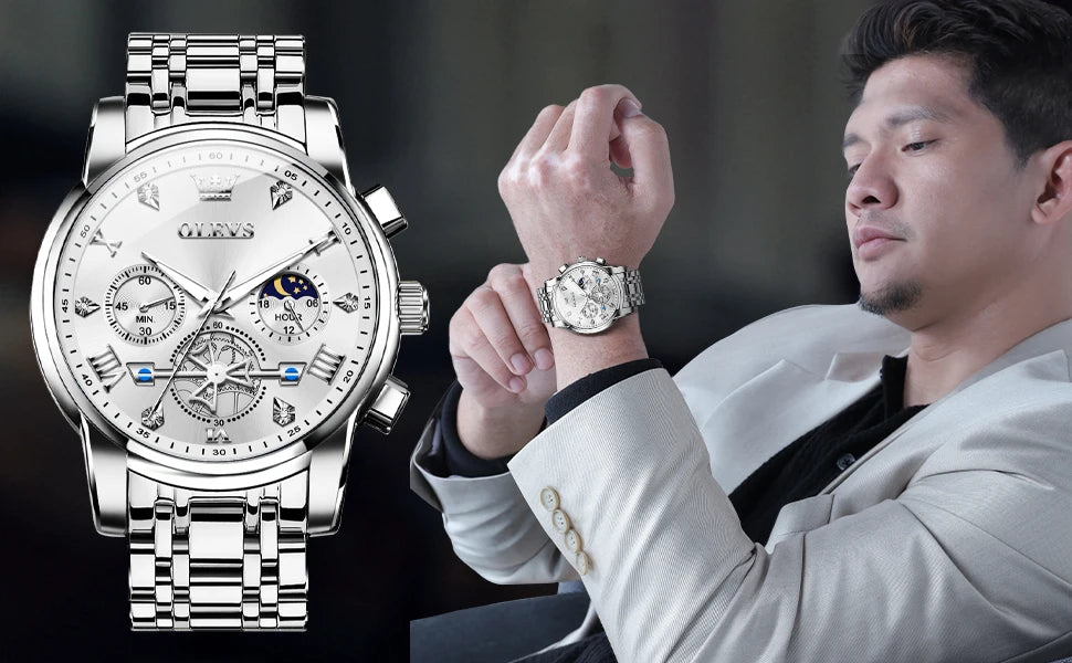 OLEVS Skeleton Watch Men – Quartz, Stainless Steel, Luxury