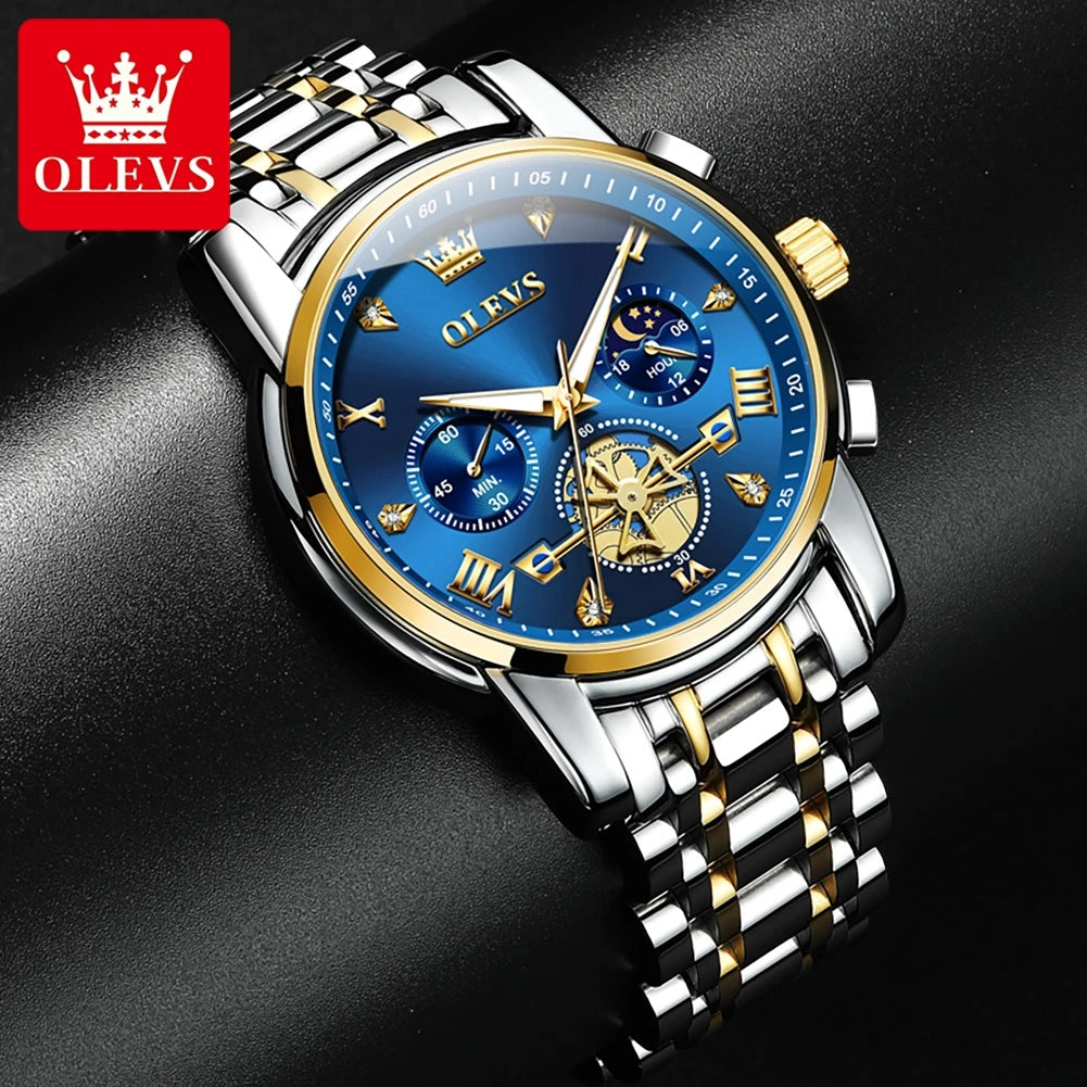 OLEVS Skeleton Watch Men – Quartz, Stainless Steel, Luxury