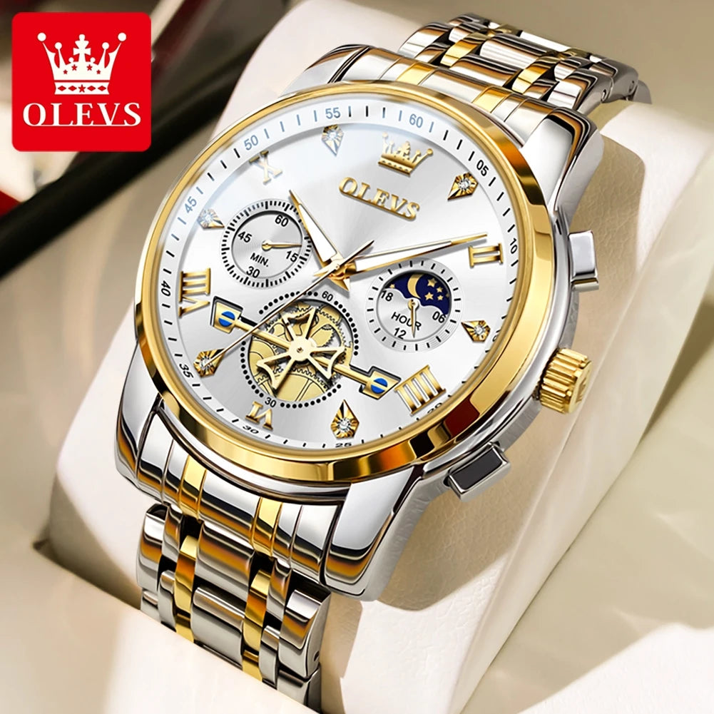 OLEVS Skeleton Watch Men – Quartz, Stainless Steel, Luxury