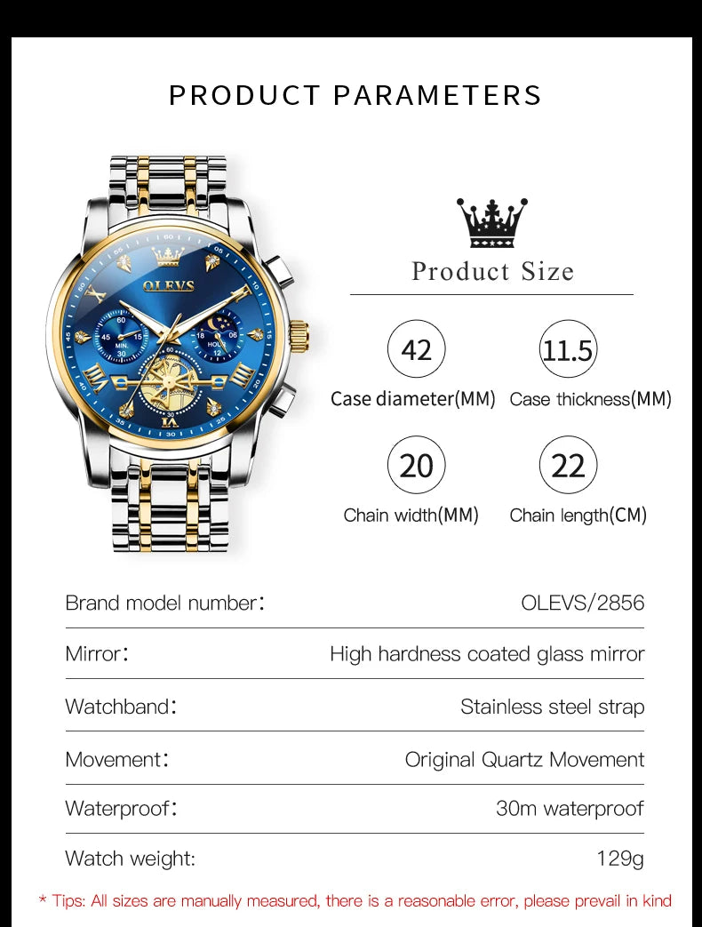 OLEVS Skeleton Watch Men – Quartz, Stainless Steel, Luxury