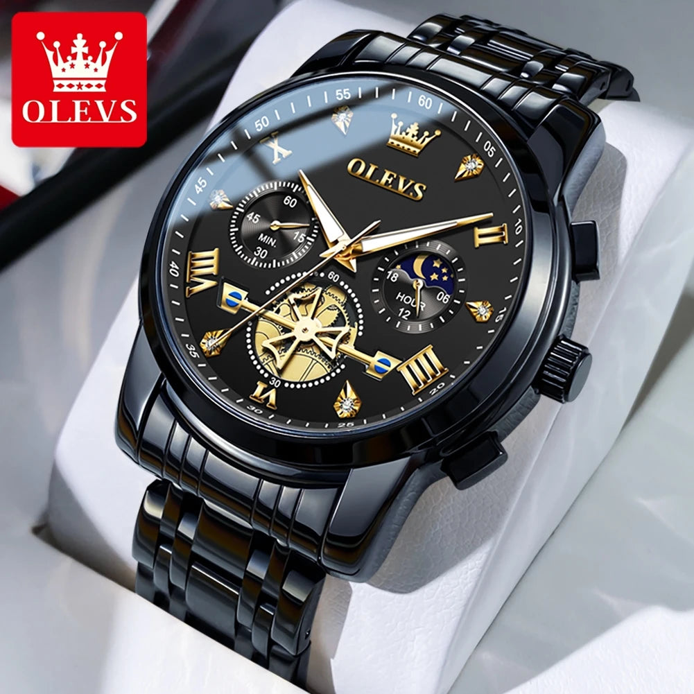 OLEVS Skeleton Watch Men – Quartz, Stainless Steel, Luxury
