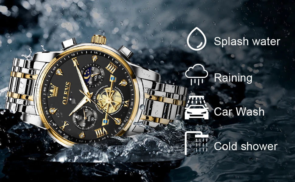 OLEVS Skeleton Watch Men – Quartz, Stainless Steel, Luxury