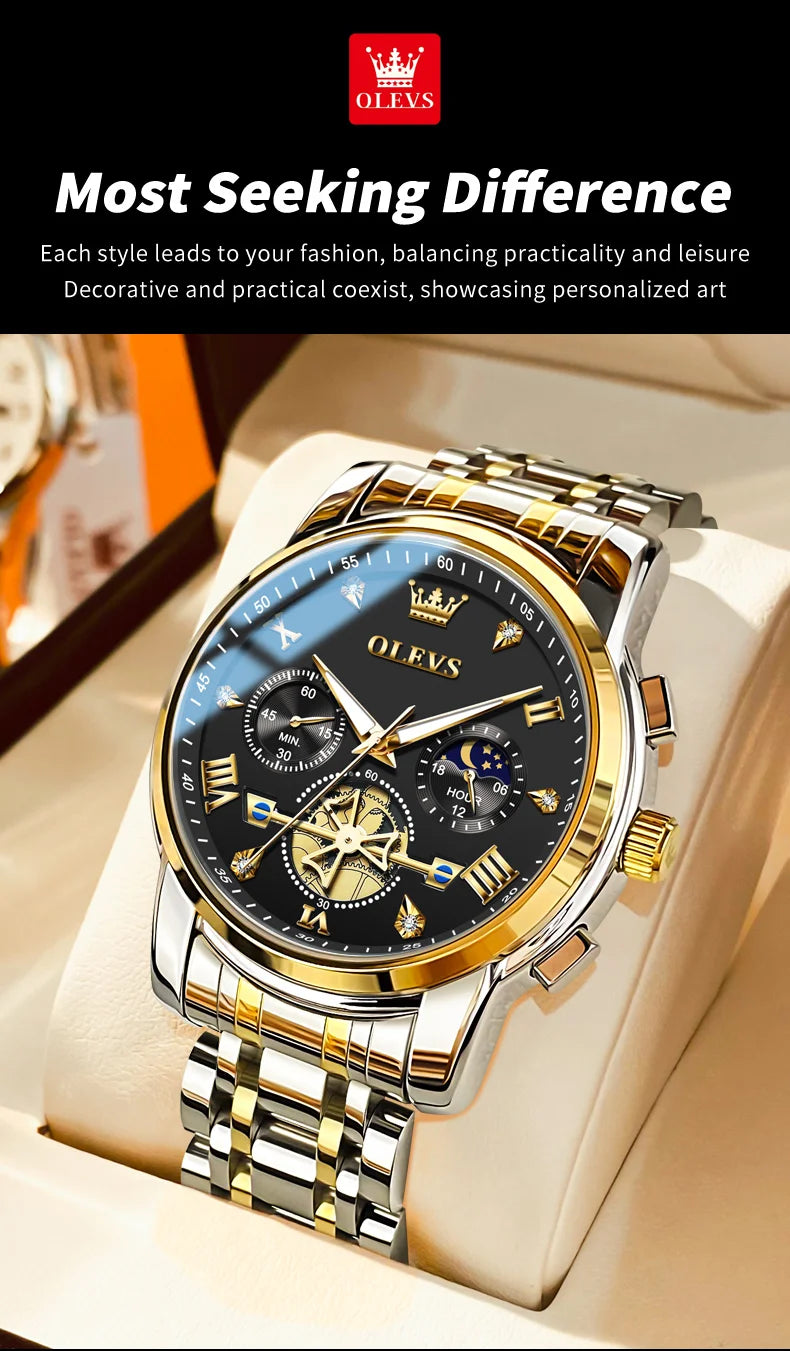 OLEVS Skeleton Watch Men – Quartz, Stainless Steel, Luxury