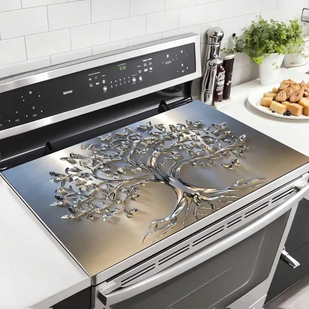 2D Flat Stove Cover Mat - Classic Tree Design with Intricate Branches & Leaves, Durable Rubber Table Protector for Kitchen Decor