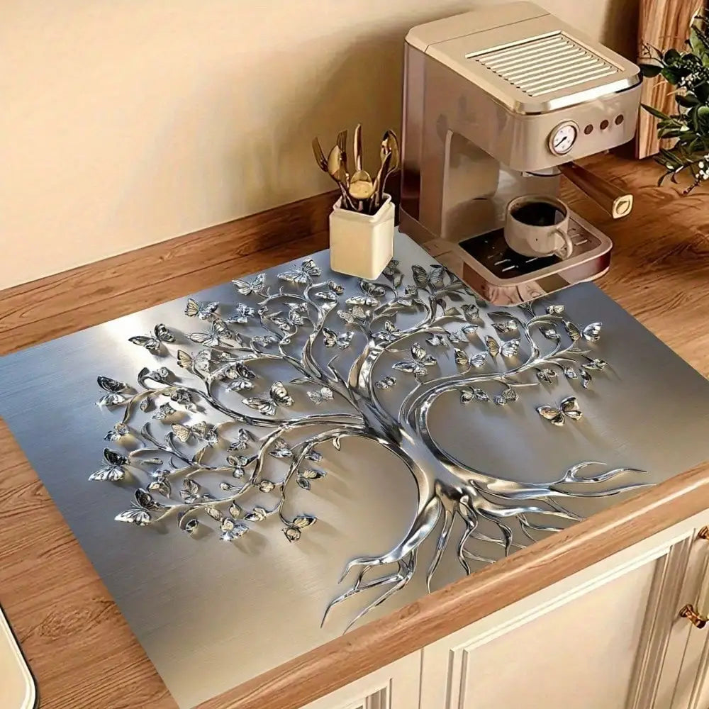 2D Flat Stove Cover Mat - Classic Tree Design with Intricate Branches & Leaves, Durable Rubber Table Protector for Kitchen Decor