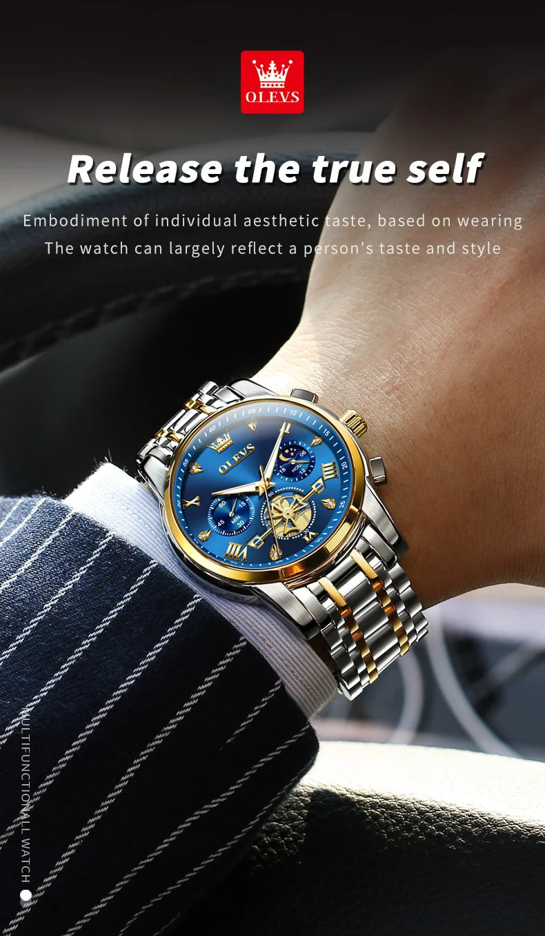 OLEVS Skeleton Watch Men – Quartz, Stainless Steel, Luxury