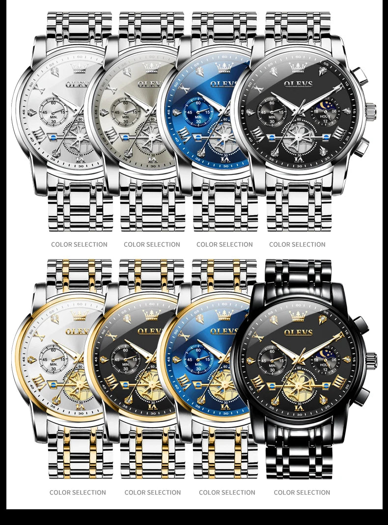 OLEVS Skeleton Watch Men – Quartz, Stainless Steel, Luxury