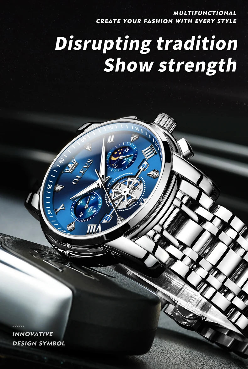 OLEVS Skeleton Watch Men – Quartz, Stainless Steel, Luxury
