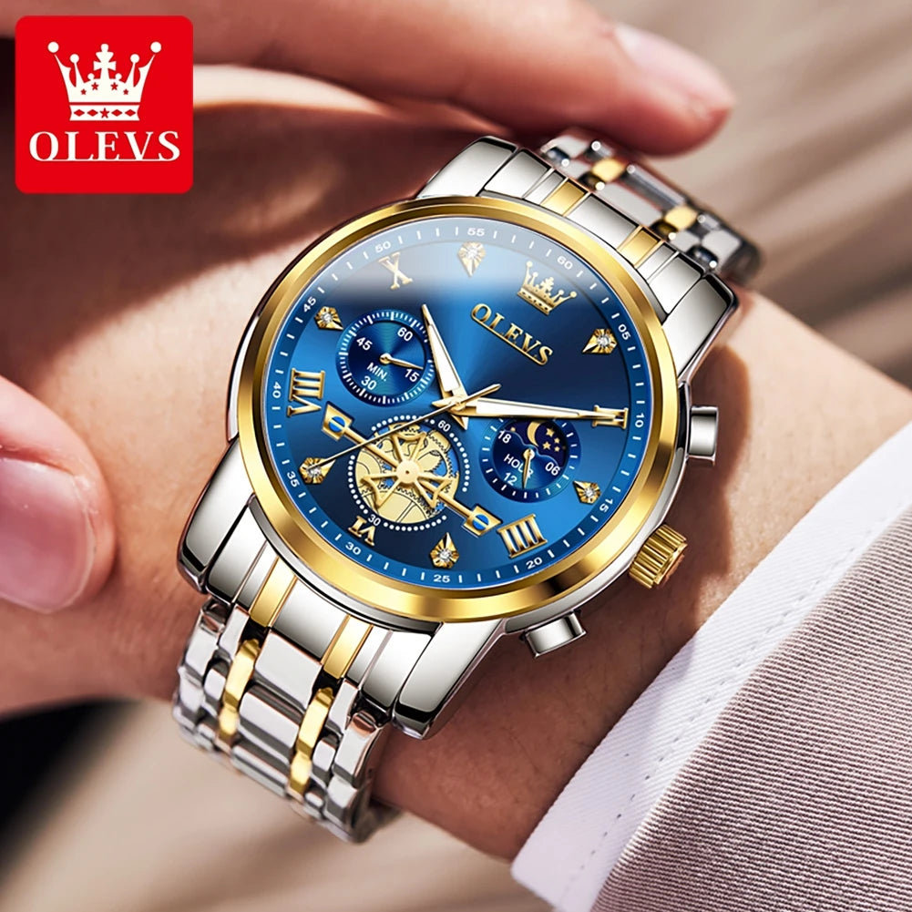 OLEVS Skeleton Watch Men – Quartz, Stainless Steel, Luxury