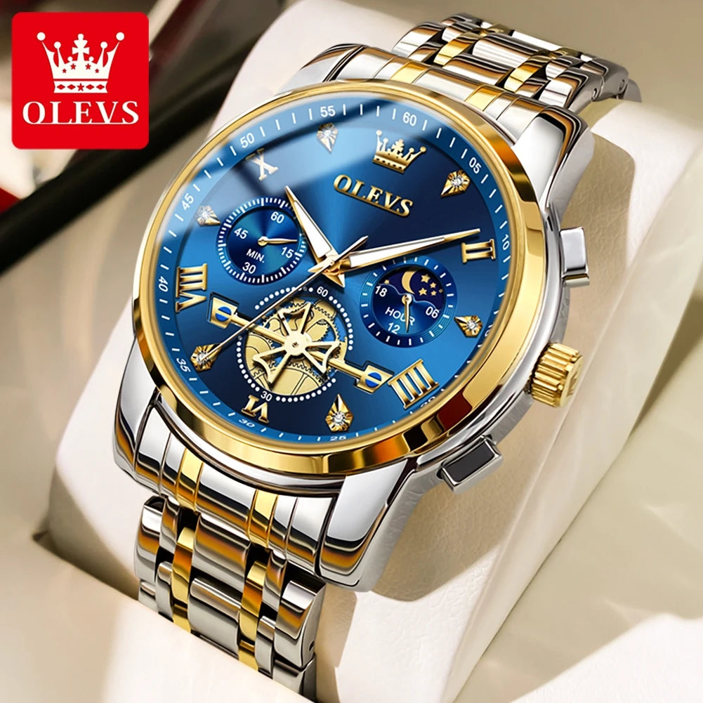 OLEVS Skeleton Watch Men – Quartz, Stainless Steel, Luxury