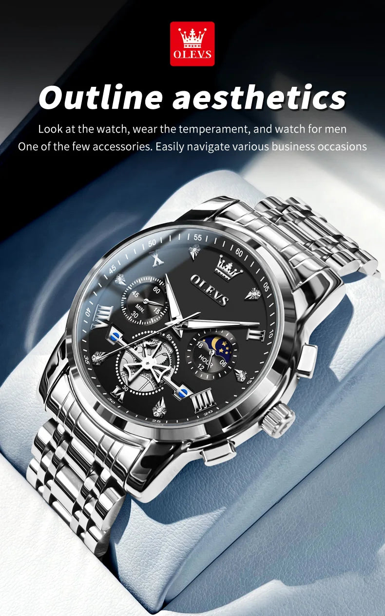 OLEVS Skeleton Watch Men – Quartz, Stainless Steel, Luxury